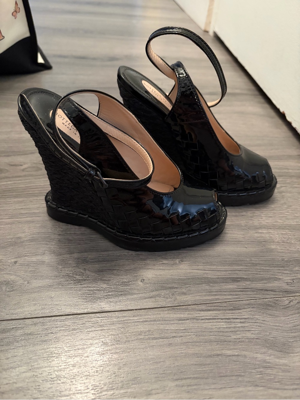 Bottega Veneta Black Patent Woven Wedge Slingback wedge